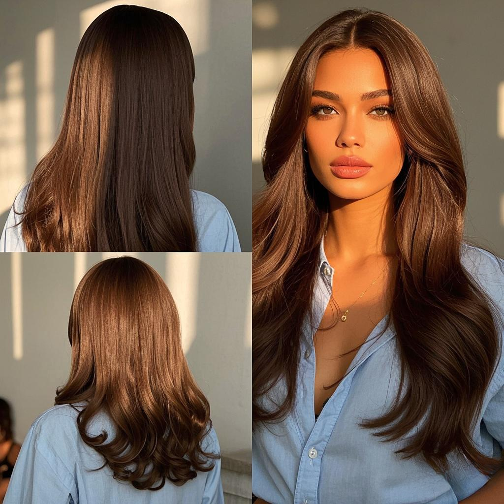 Collage of a woman with long brown hair from different angles.