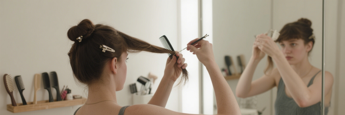 Woman styling her hair in front of a mirror with various hair products on a shelf.